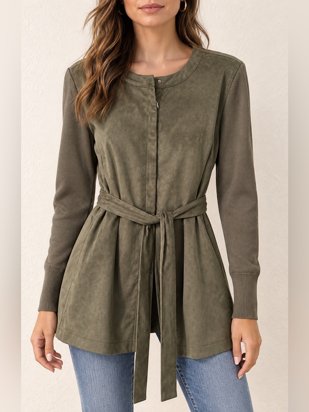 H by Halston Women’s Olive Green Faux Suede Belted Jacket Size 10